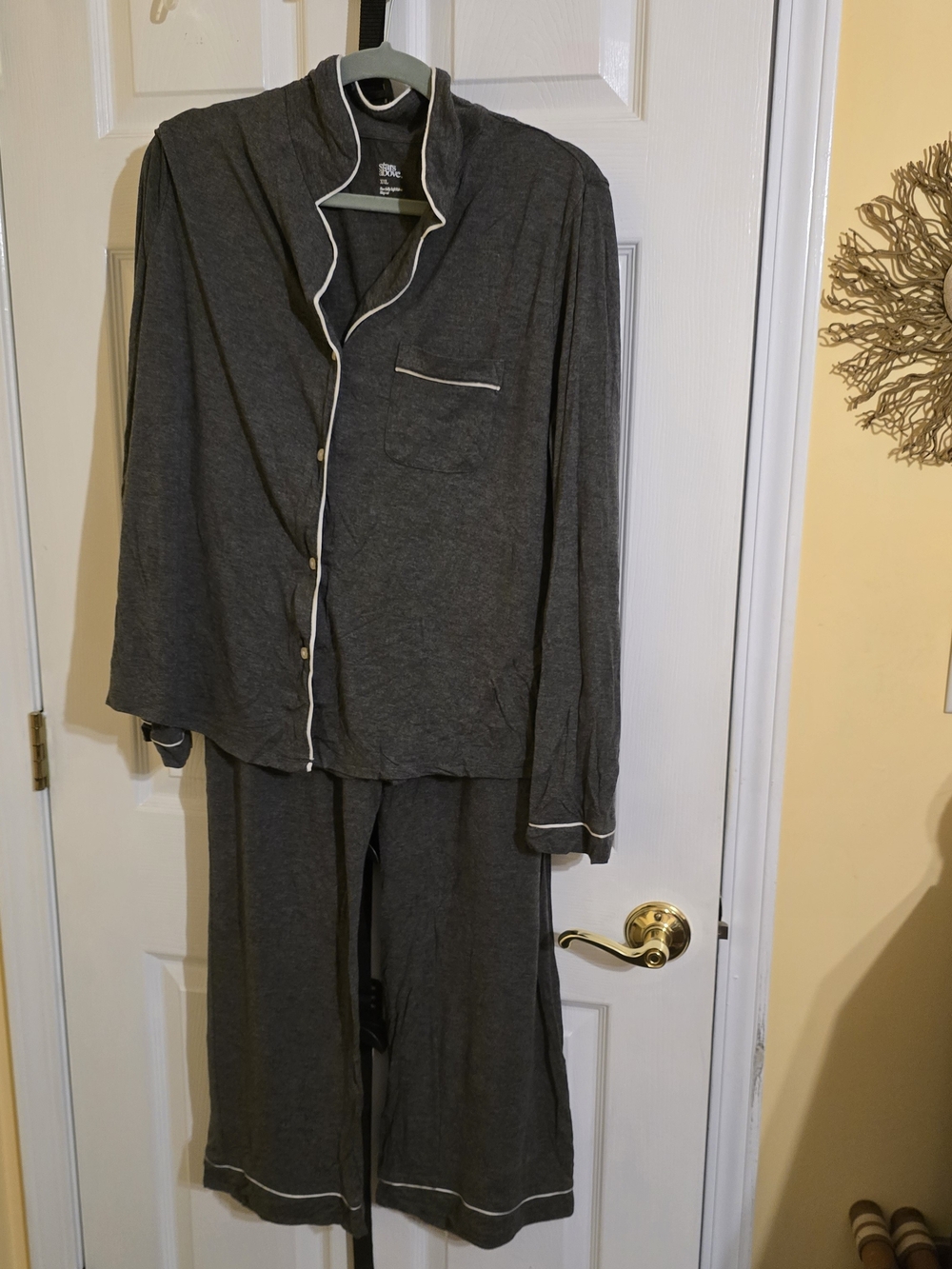 stars above Charcoal Gray Knit Pajama Set with White Piping